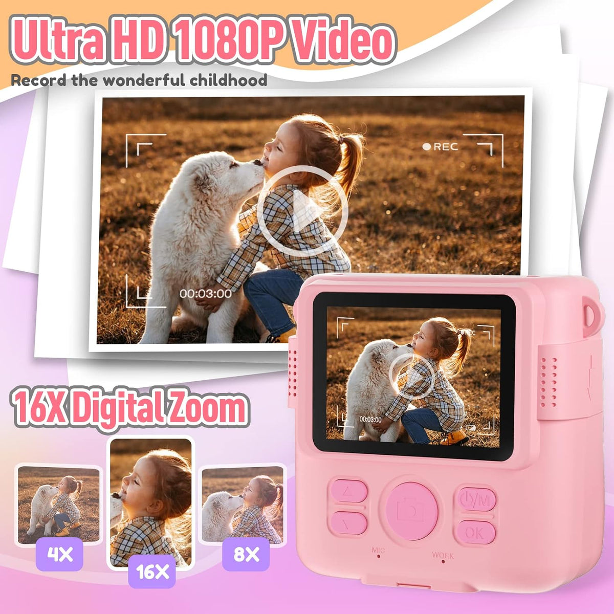 Belro digital instant print portable camera for kids, compact electronic camera with colorful design and LCD screen for instant photo printing