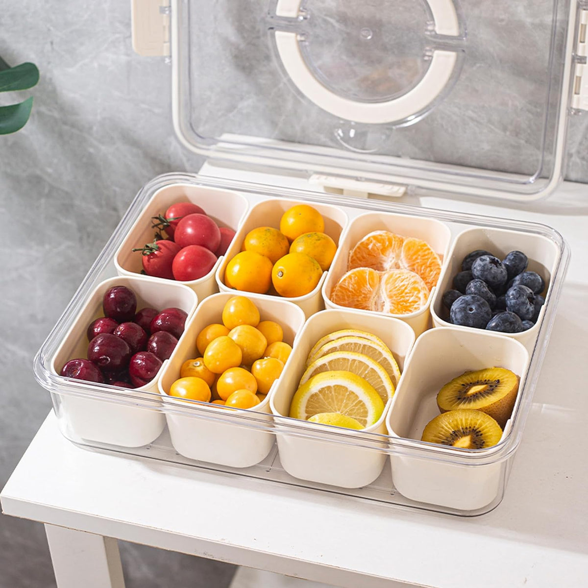 Belro 8-compartment divided serving tray with handle for food and grocery organization, durable plastic with easy grip handles.