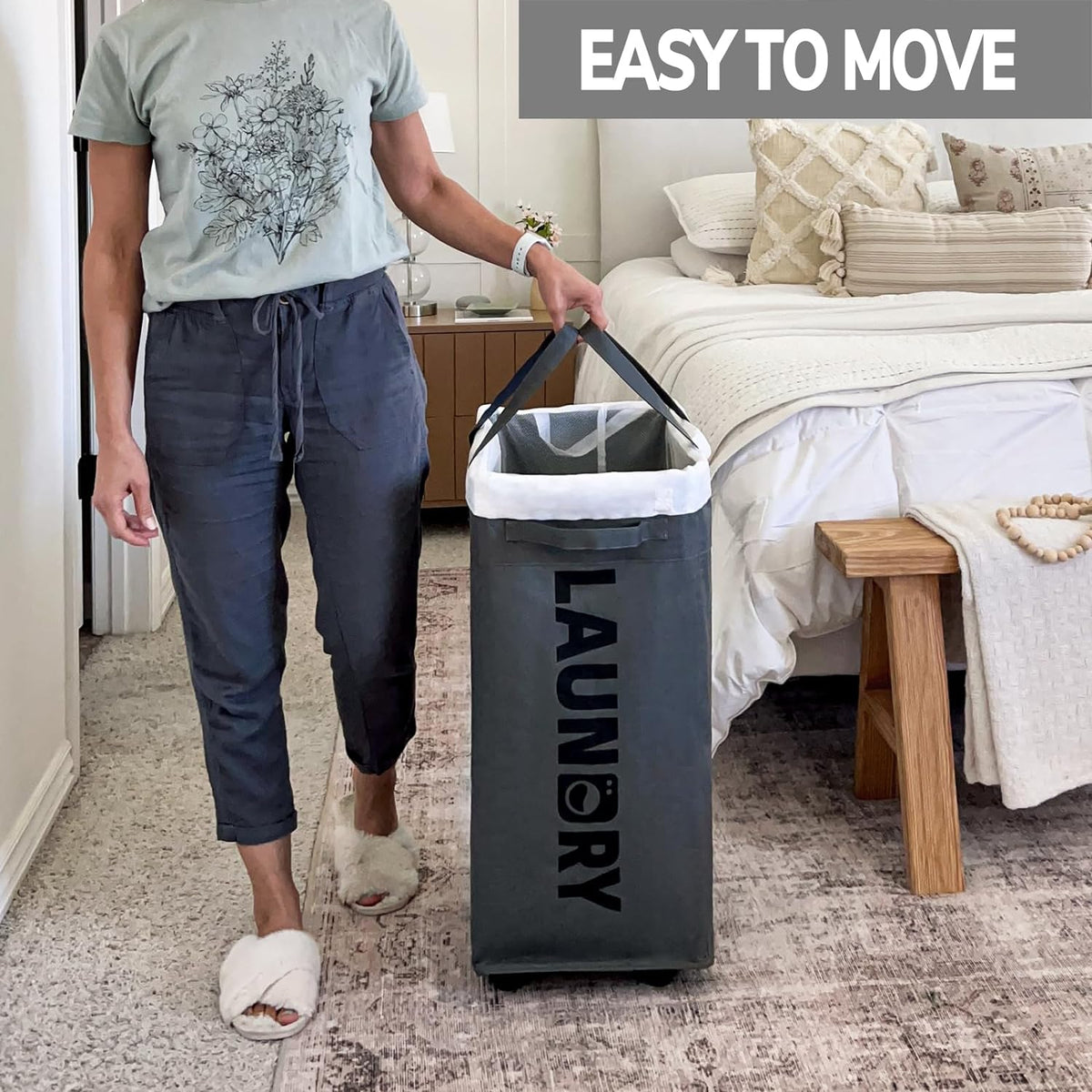 Belro 75L collapsible laundry basket with wheels, large portable storage bin for clothes, durable and easy to transport.