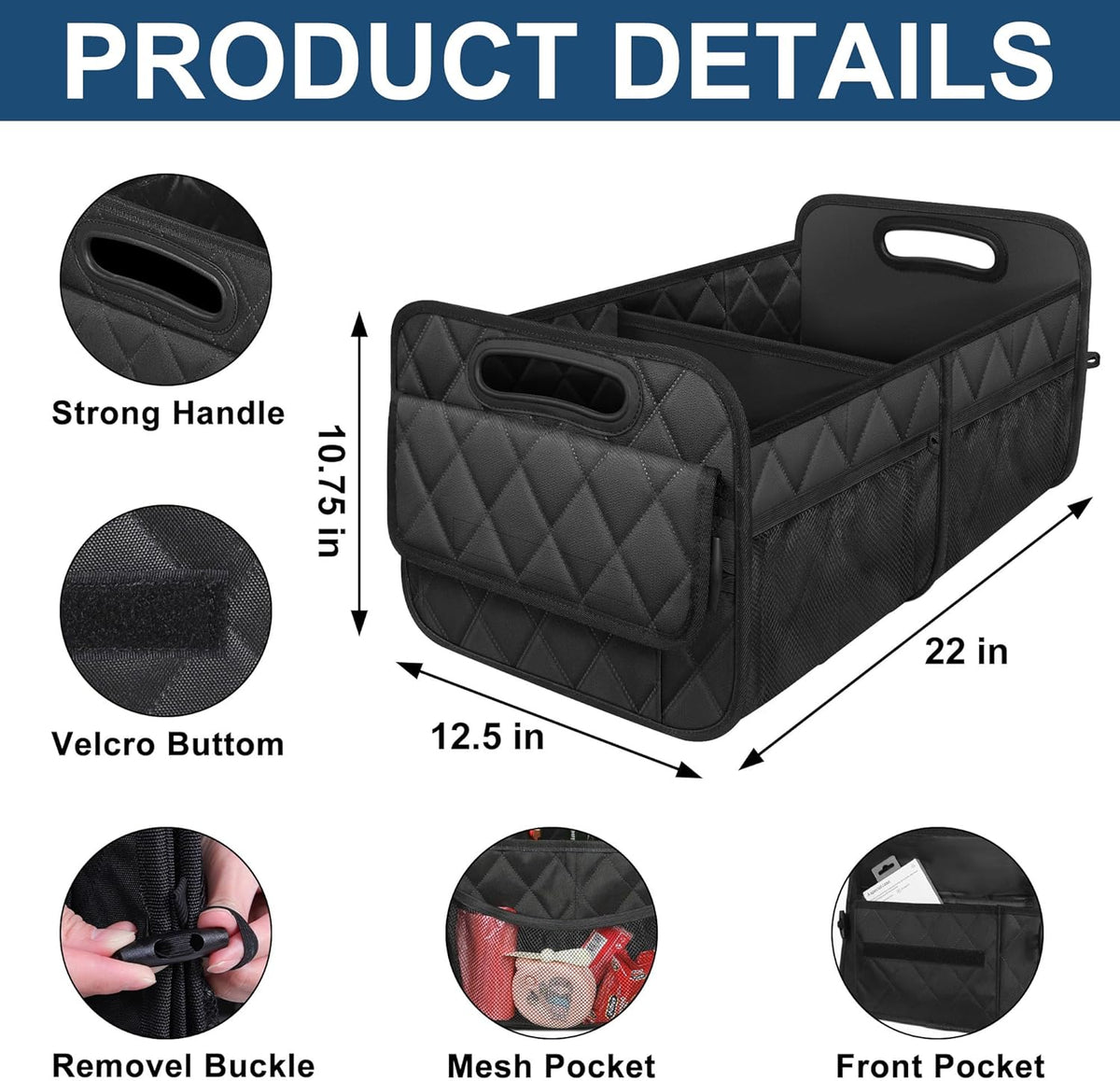 Belro car trunk storage organizer with multiple compartments for organizing groceries and tools in the vehicle trunk.
