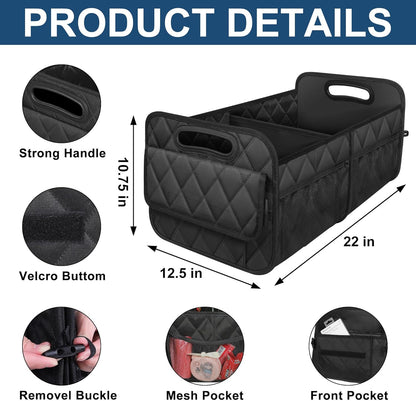 Belro car trunk storage organizer with multiple compartments for organizing groceries and tools in the vehicle trunk.