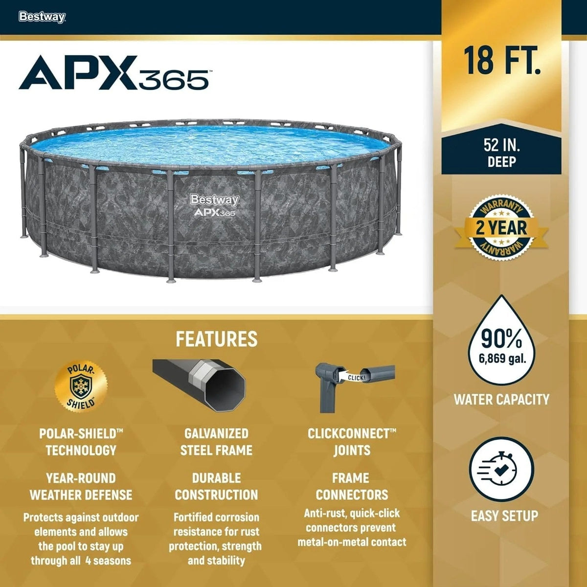 Casavibeo Bestway APX 365 18-foot round above ground swimming pool with pump and ladder, featuring clear blue water surface