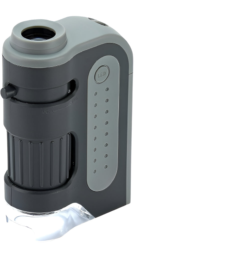 Belro portable handheld pocket microscope showing close-up view of tiny details through optics, compact and lightweight design.