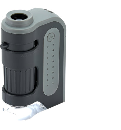 Belro portable handheld pocket microscope showing close-up view of tiny details through optics, compact and lightweight design.