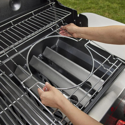 Casavibeo Genesis II E-335 gas grill with stainless steel lid, four burners, side shelves, and built-in thermometer.
