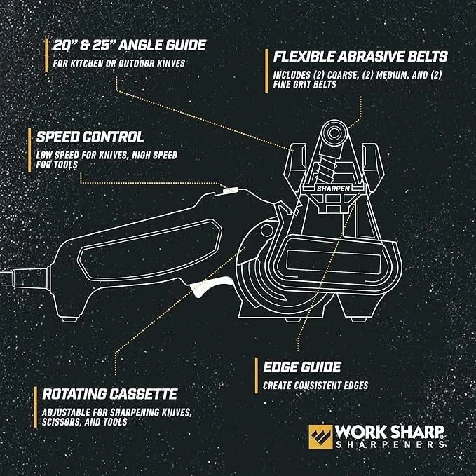 Casavibeo Work Sharp MK2 electric knife and tool sharpener with adjustable sharpening system, shown on a workbench.