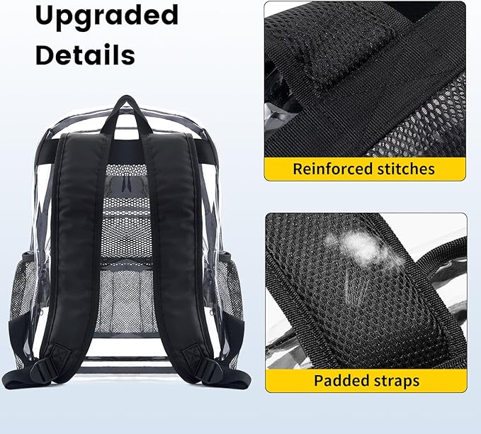 Heavy-duty clear backpack by Belro, featuring reinforced straps and spacious main compartment for durable everyday use.