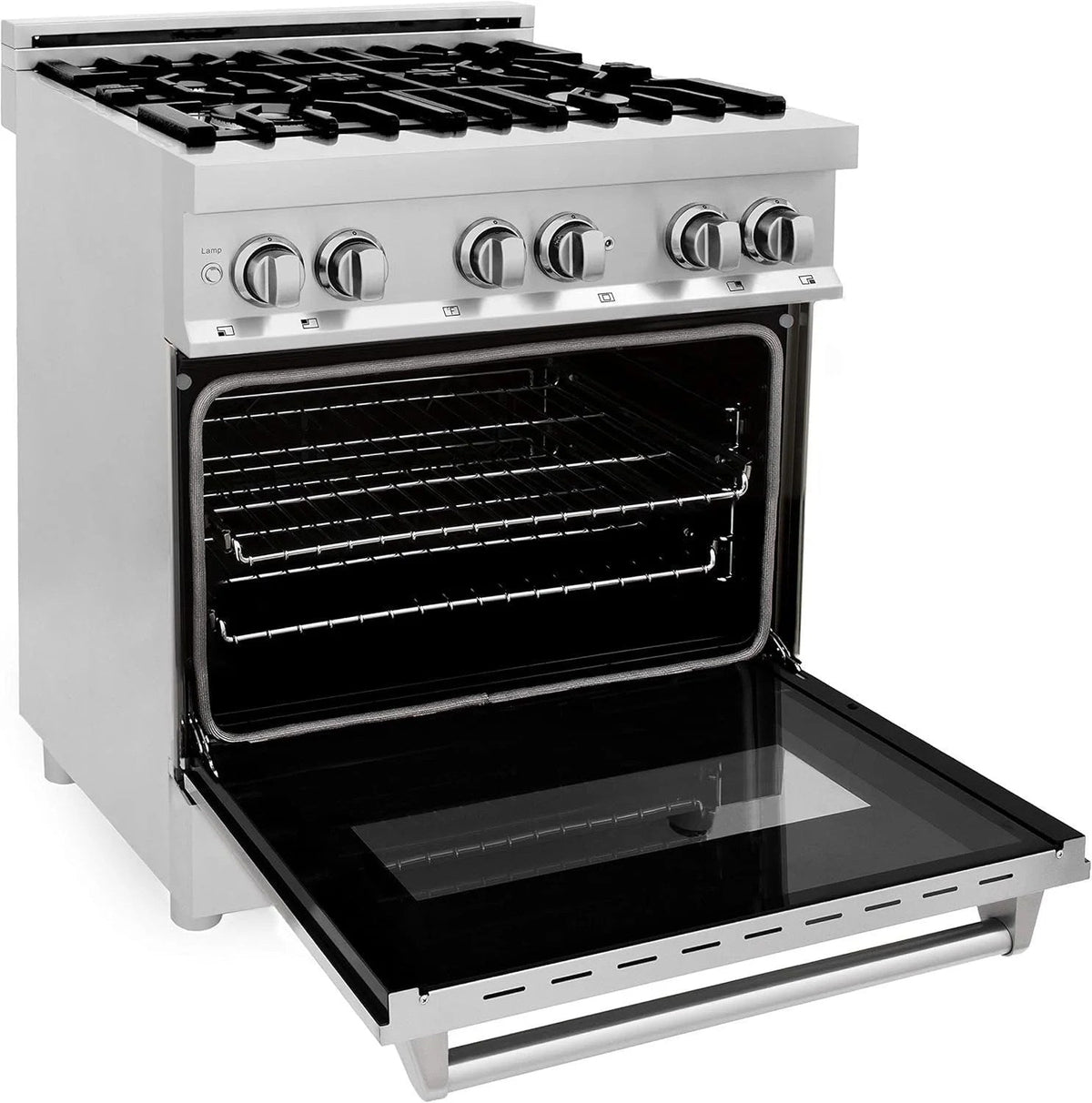 Casavibeo ZLINE 30-inch dual fuel range with stainless steel finish, featuring four burners and oven controls.