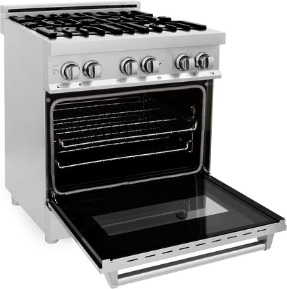 Casavibeo ZLINE 30-inch dual fuel range with stainless steel finish, featuring four burners and oven controls.