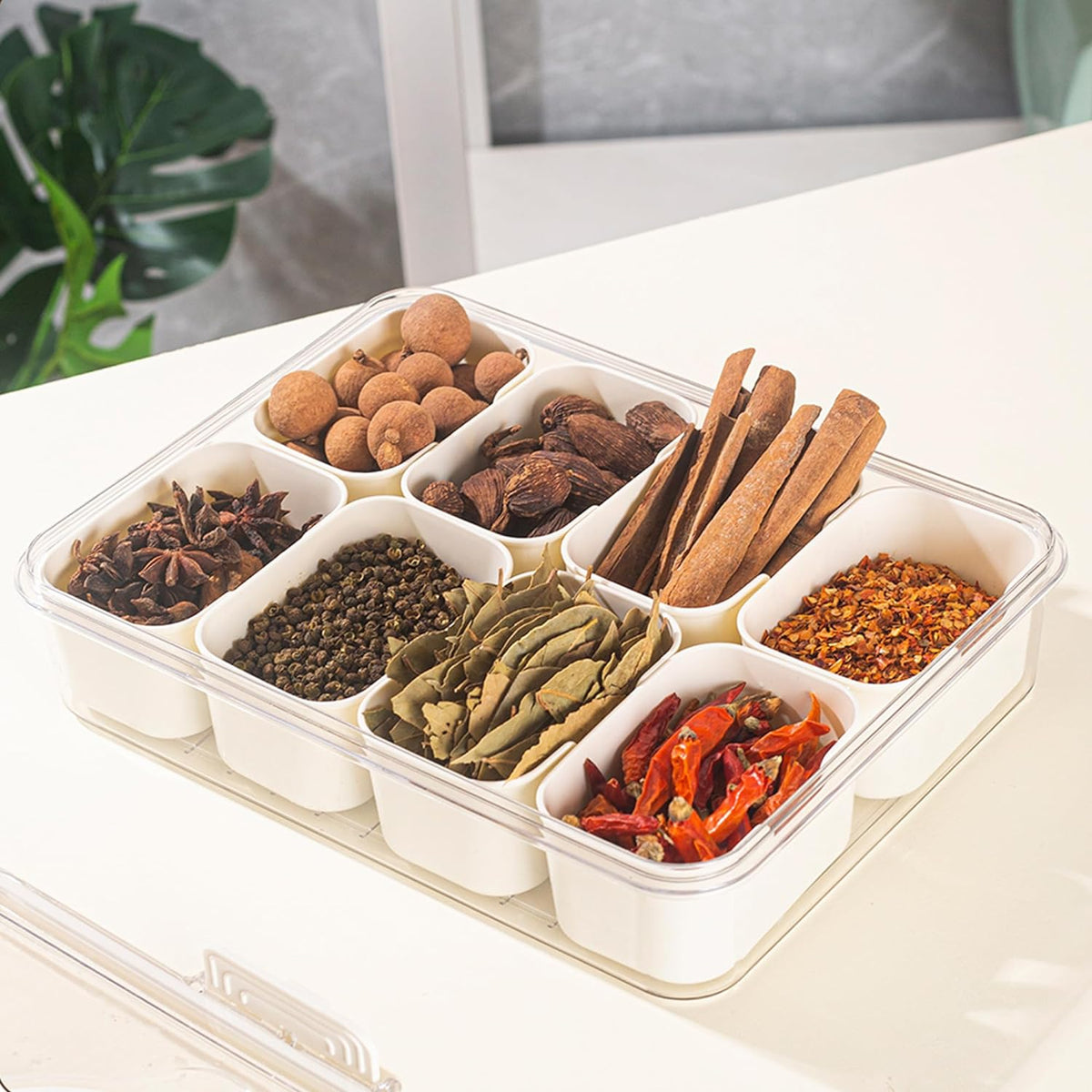 Belro 8-compartment divided serving tray with handle for food and grocery organization, durable plastic with easy grip handles.