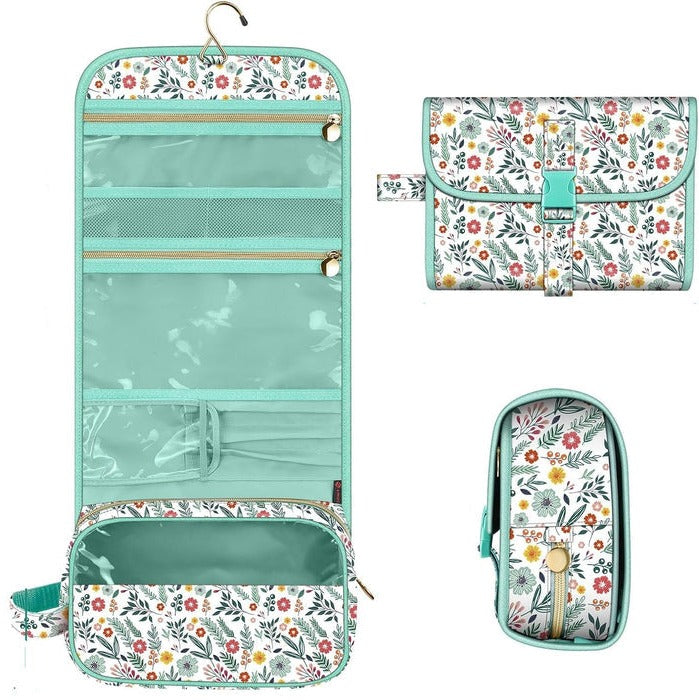 Belro hanging makeup organizer pouch with multiple compartments, compact and portable for travel storage.