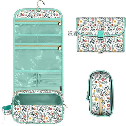 Belro hanging makeup organizer pouch with multiple compartments, compact and portable for travel storage.