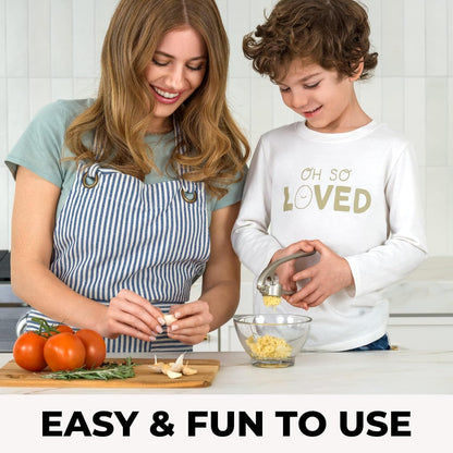 Belro premium garlic press mincer with stainless steel handle and chamber, designed for efficient garlic crushing in kitchen.