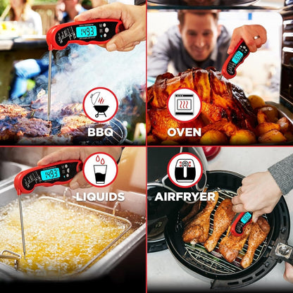 Belro instant read meat thermometer showing stainless steel probe and digital display for quick temperature readings