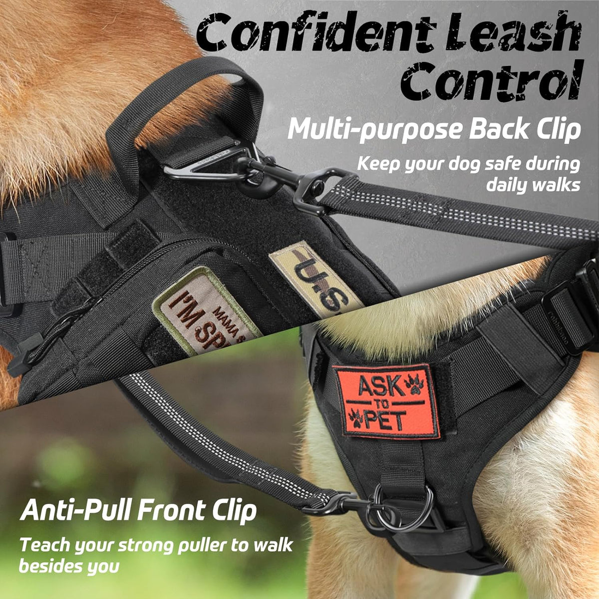Belro tactical no pull dog harness with adjustable straps and sturdy buckles for secure pet control and comfort in outdoor walks.
