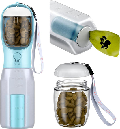 Belro dog water bottle with food container, portable pet hydration and snack storage for outdoor use