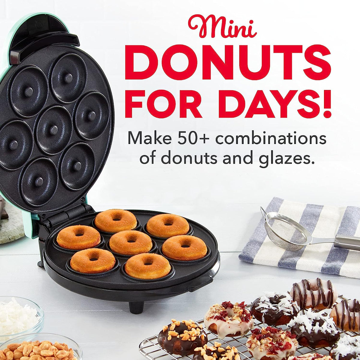 Belro Mini Donut Maker Machine for home kitchen, showing round non-stick molds and freshly cooked mini donuts