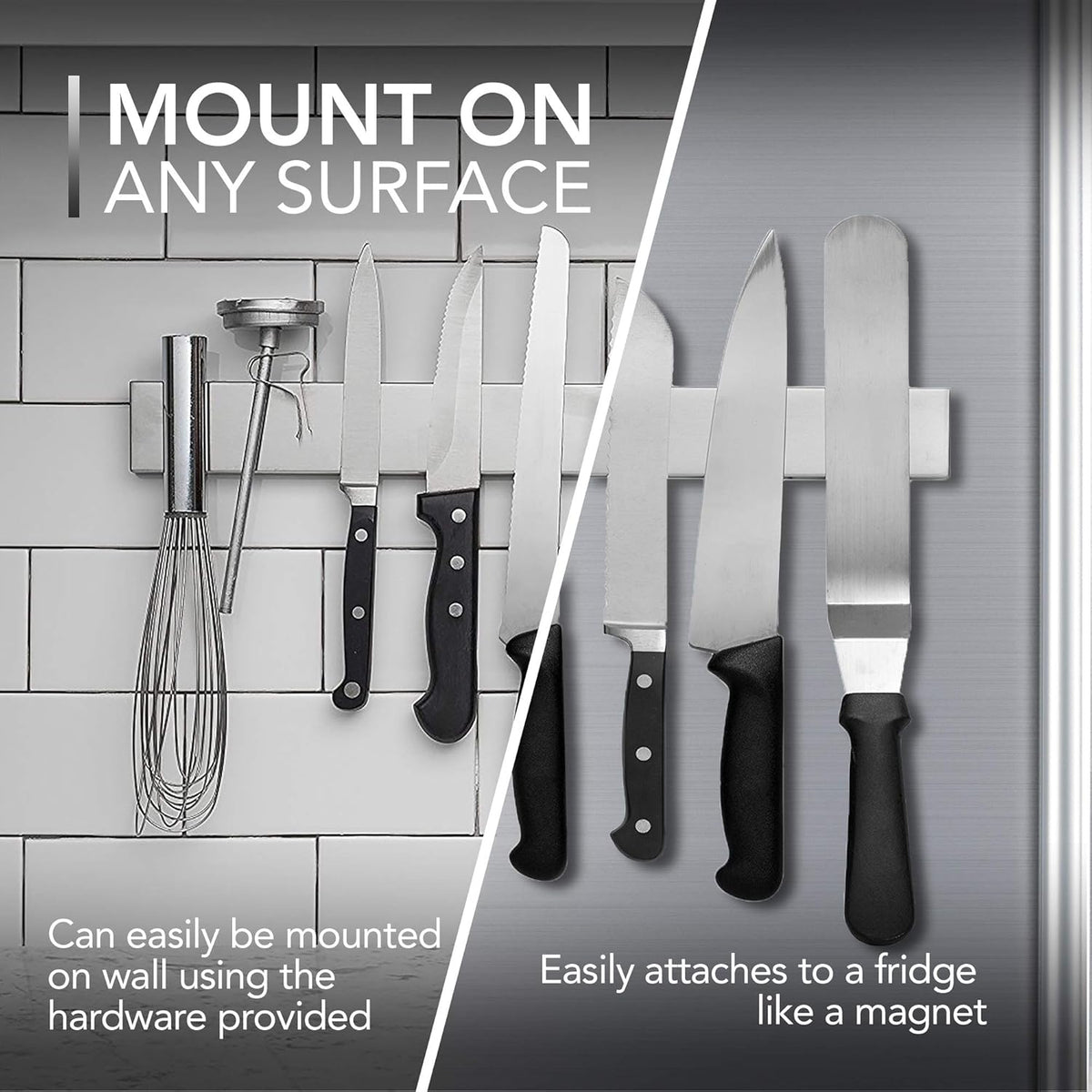 Belro 14-inch magnetic knife and tools holder mounted on kitchen wall, organizing knives and utensils efficiently.