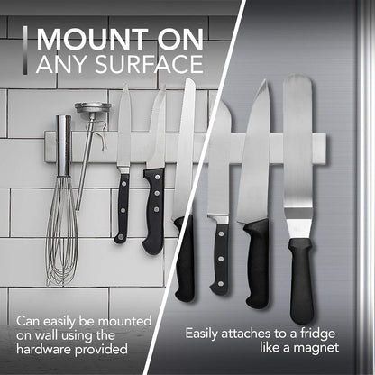 Belro 14-inch magnetic knife and tools holder mounted on kitchen wall, organizing knives and utensils efficiently.