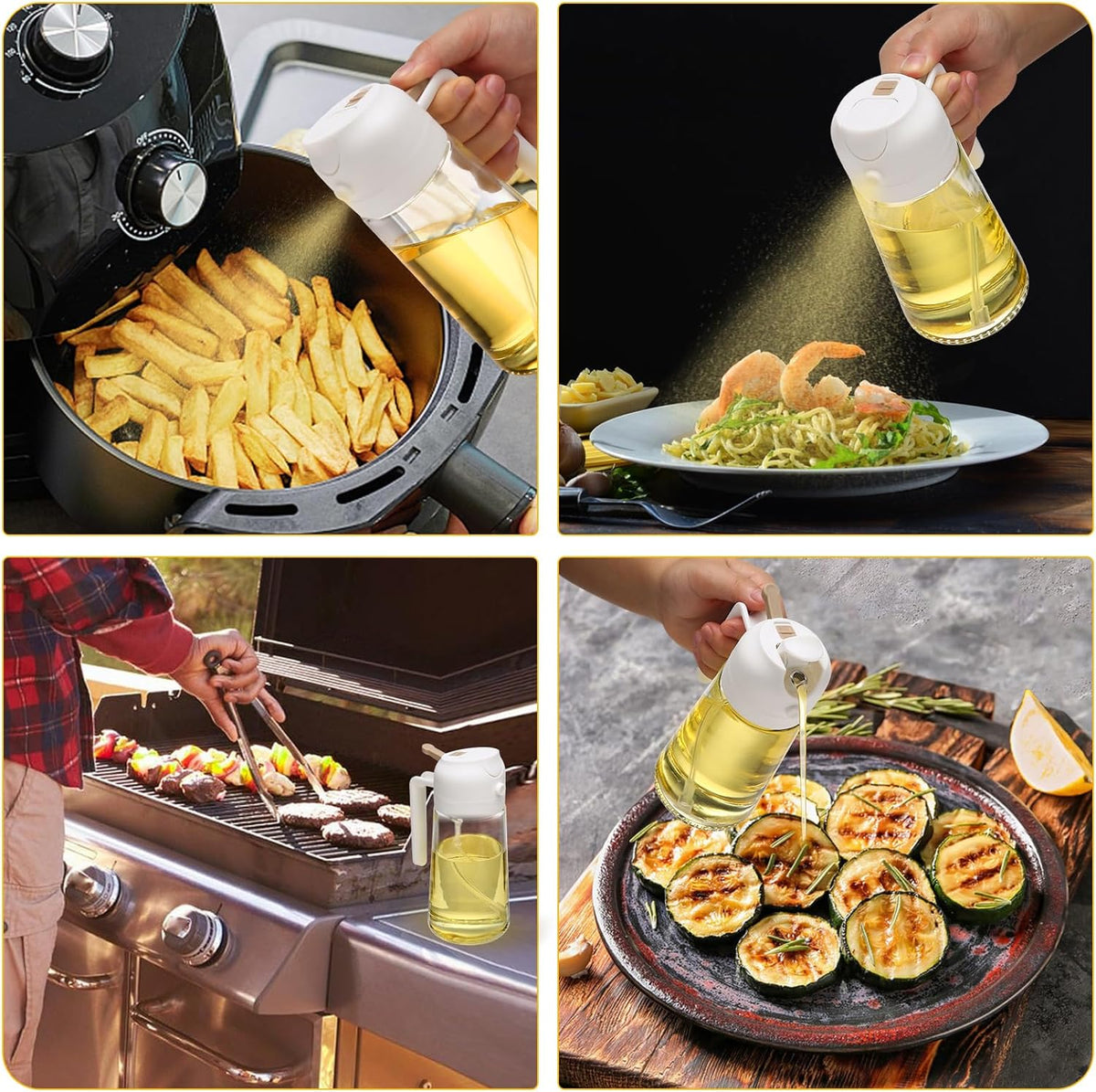 Belro 2-pack oil dispenser and sprayer bottles for kitchen use, featuring clear plastic containers with spray nozzles.