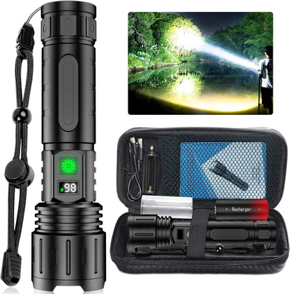 Belro extremely bright flashlight with a rugged black body and adjustable lens, designed for high-intensity illumination.