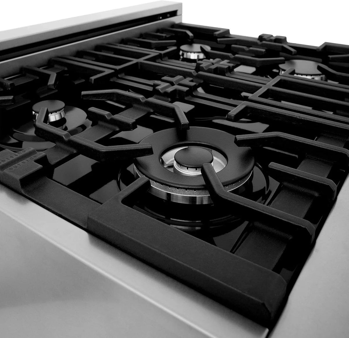 Casavibeo ZLINE 30-inch dual fuel range with stainless steel finish, featuring multiple burners and oven controls.