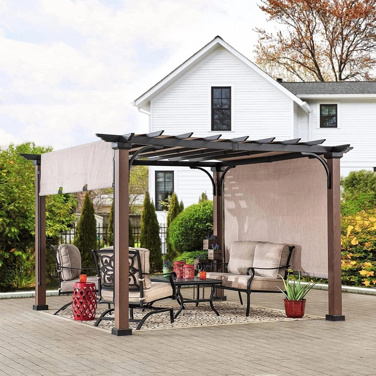 Casavibeo Sunjoy 11x11 ft metal pergola with adjustable tan garden shade, showcasing a sturdy outdoor patio structure with shade canopy