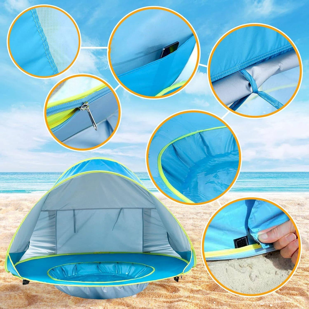 Belro baby beach tent with UV protection, lightweight accessories, and sunshade for outdoor play and protection.