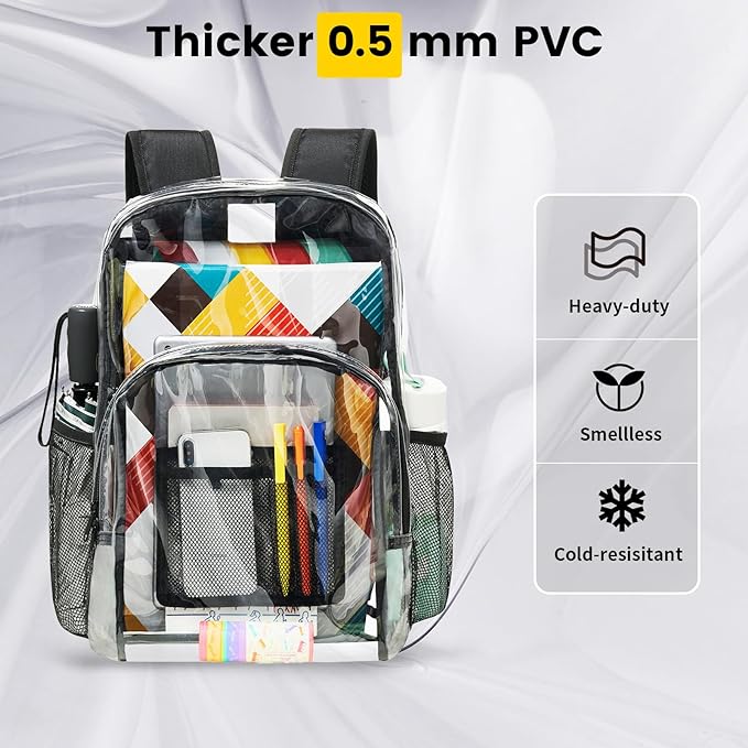Heavy-duty clear backpack from Belro, durable design ideal for travel, school, or work, with transparent compartments and sturdy straps.
