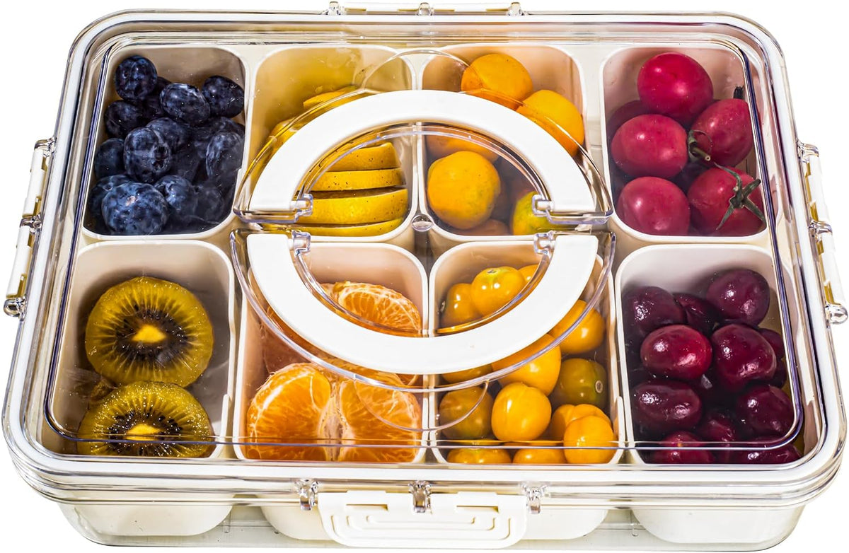 Belro 8-compartment divided serving tray with handle for food and grocery storage, featuring easy-to-carry design.