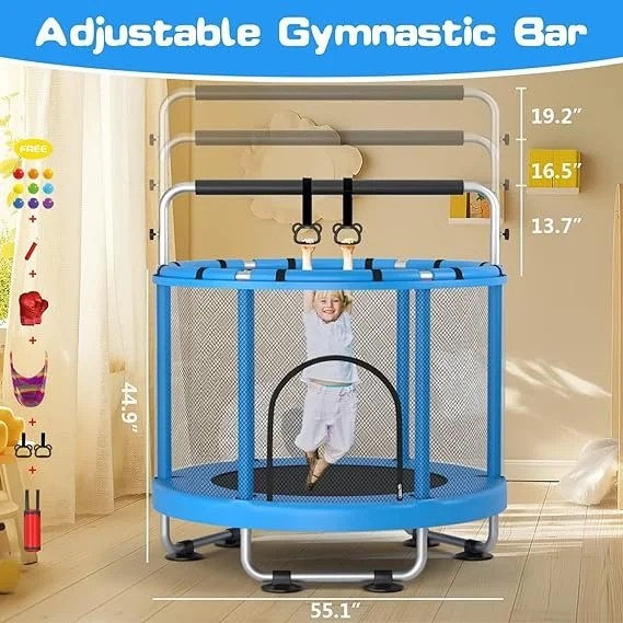 Casavibeo 55-inch kids trampoline with enclosure, adjustable gymnastics bar, toys, suitable for indoor and outdoor use