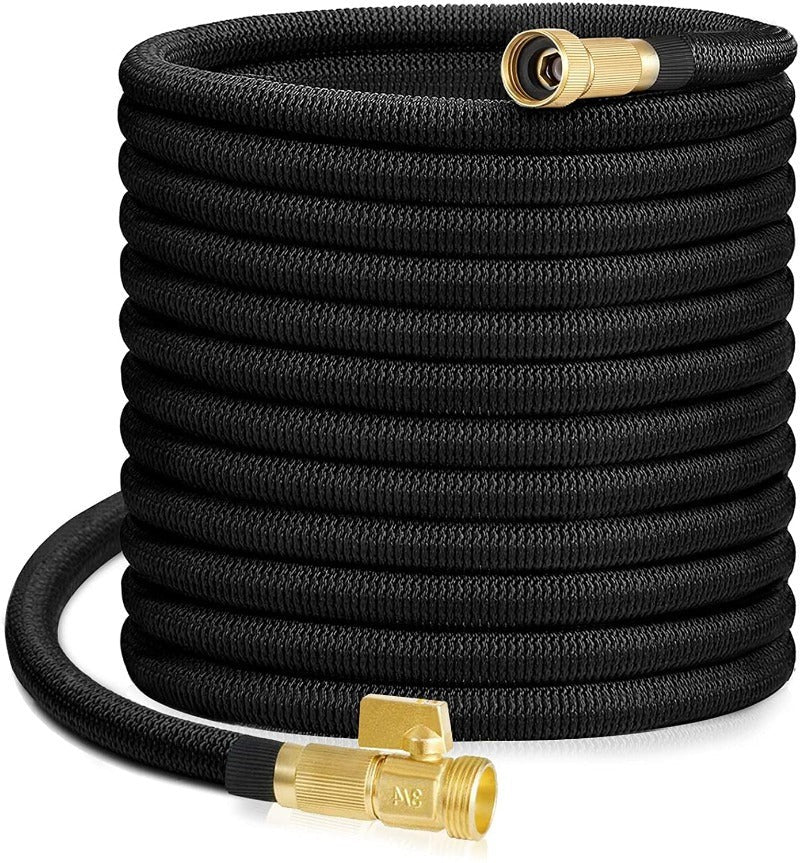 Belro expandable garden hose for outdoor gardening, flexible and durable, shown fully extended in a garden setting.