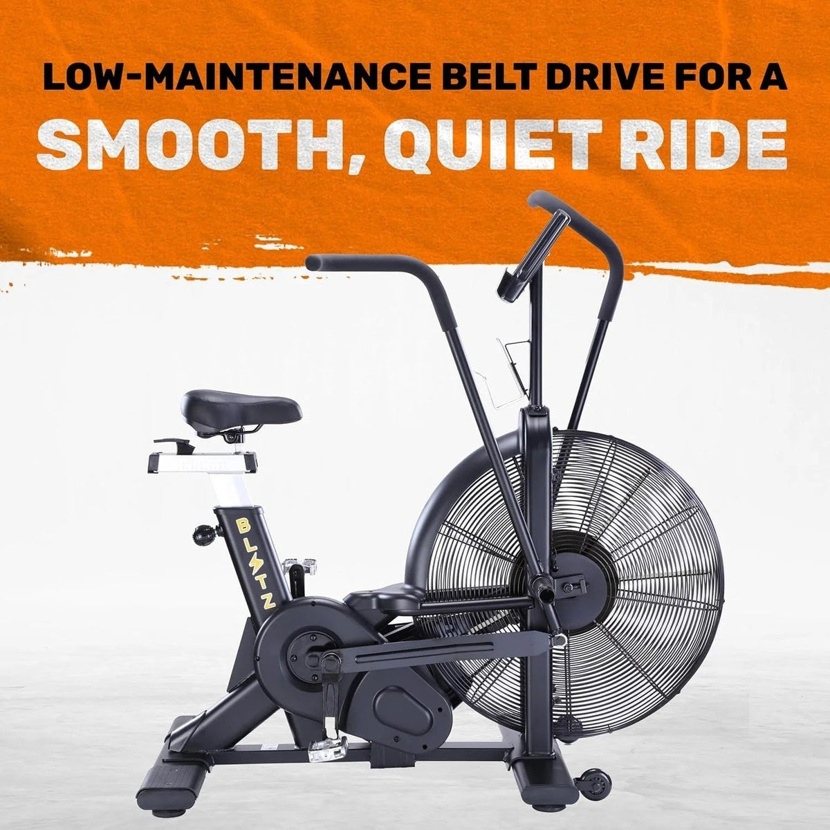 Casavibeo Bells of Steel USA Blitz Air Bike showing a sturdy indoor exercise bike with a digital display and adjustable seat.