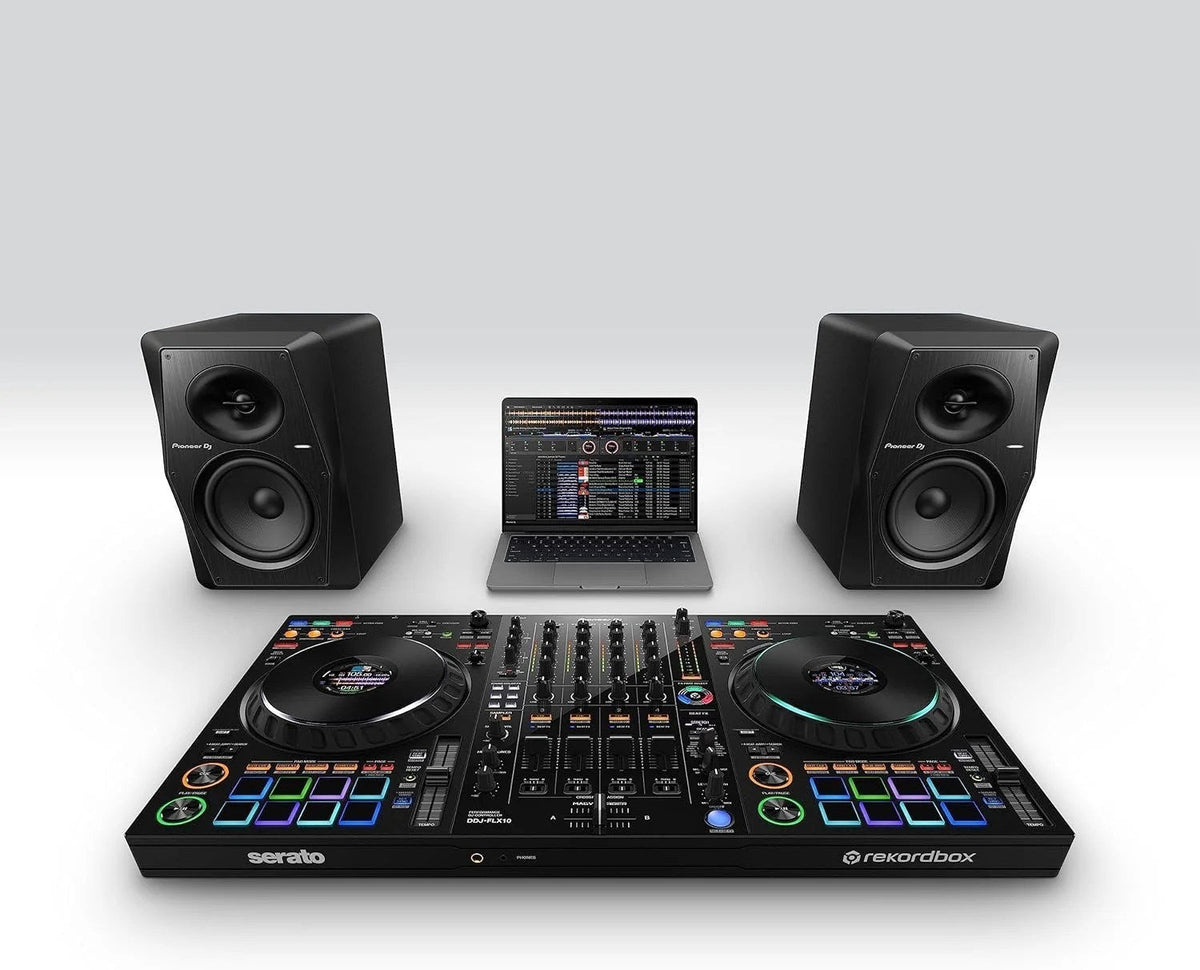 Casavibeo Pioneer DJ DDJ-FLX10 4-channel DJ controller with jog wheels, control knobs, and various input ports on a clean surface.