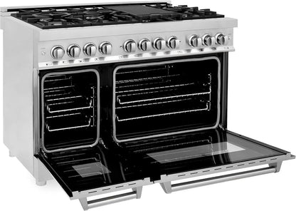 ZLINE 48-inch professional dual fuel range with stainless steel finish and six burners, designed for high-performance cooking.