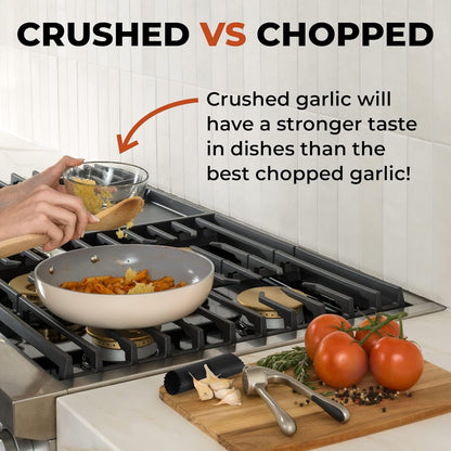 Belro premium garlic press mincer with stainless steel design, showcasing its sturdy handle and efficient garlic crushing mechanism.