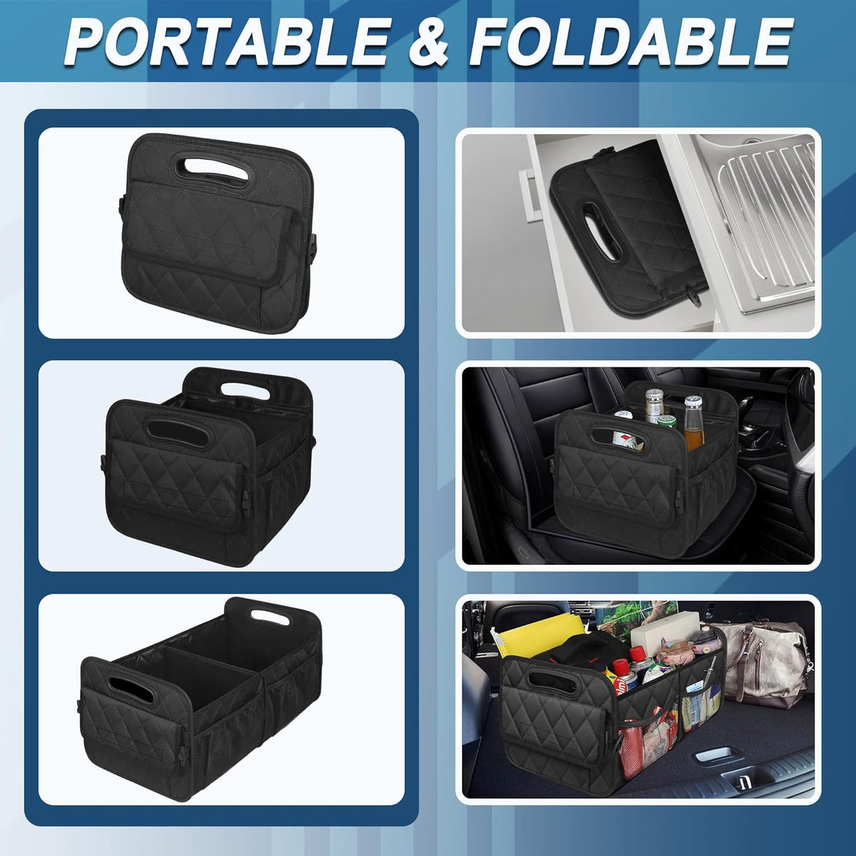 Belro car trunk storage organizer with multiple compartments for organizing groceries and tools in a vehicle trunk.