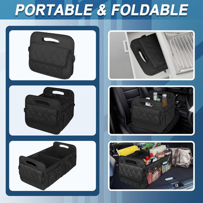 Belro car trunk storage organizer with multiple compartments for organizing groceries and tools in a vehicle trunk.