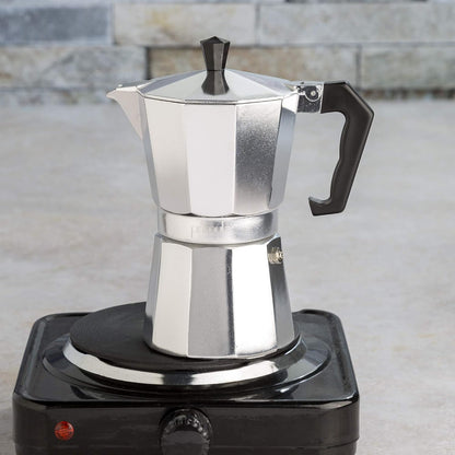 Belro classic stovetop espresso maker for Italian and Cuban coffee brewing, with a polished metal finish and black handle.