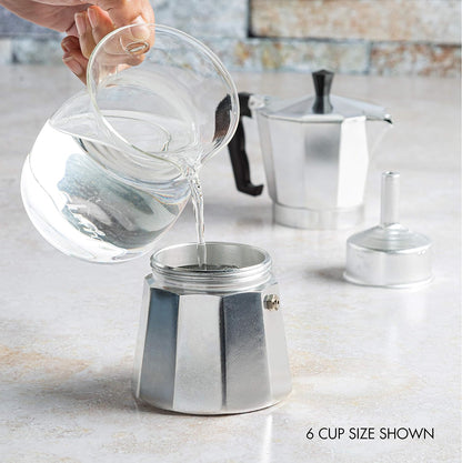 Belro classic stovetop espresso and coffee maker moka pot for Italian and Cuban café brewing, silver aluminum design