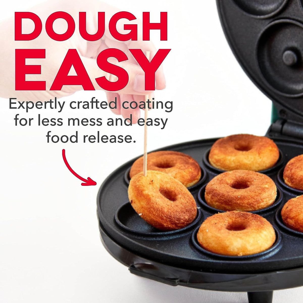 Belro Mini Donut Maker Machine for home kitchen, showing round donut shapes baking in the non-stick mold.