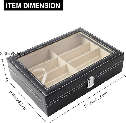 Belro sunglass organizer storage with multiple compartments for eyeglasses and sunglasses, in a sleek, clear plastic design