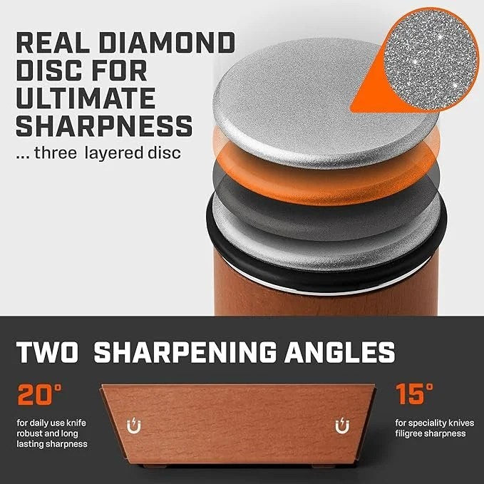 Casavibeo Original Tumbler Rolling Knife Sharpener with wood handle, designed for easy sharpening of kitchen knives at 15 and 20 degrees