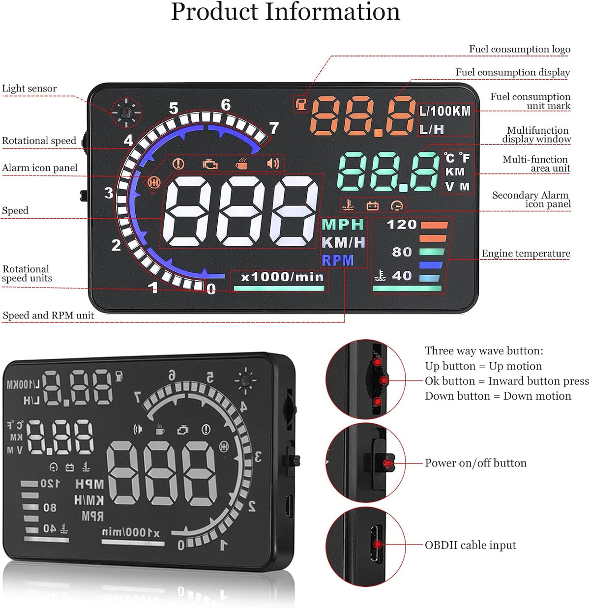 Belro Head Up Display Car (HUD) P8 showing speed and navigation data on windshield in a sleek electronics device