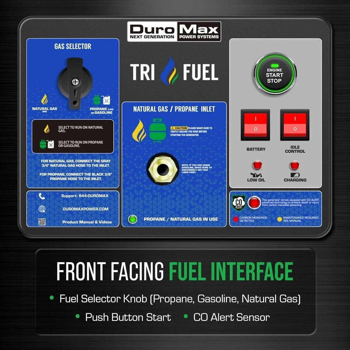 DuroMax 15,000-watt tri-fuel portable generator in black with control panel and handles, ideal for outdoor power needs