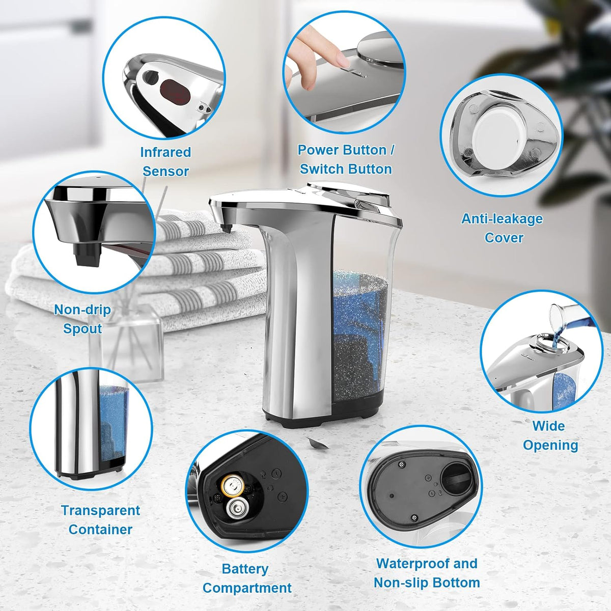 Belro automatic touchless dish soap dispenser for kitchen and bathroom, sleek white design with sensor for hands-free soap dispensing