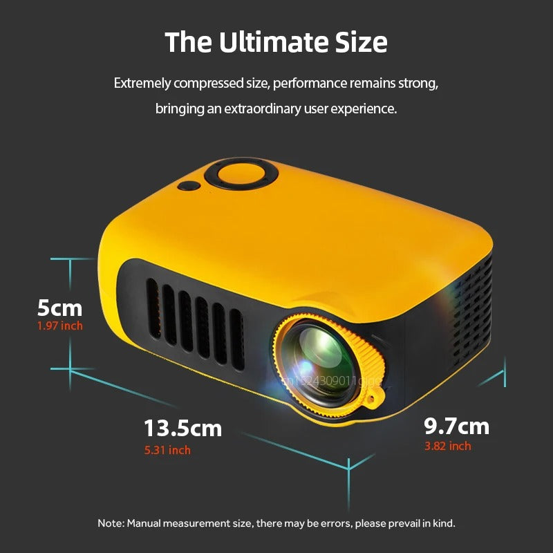 Belro HD mini pocket portable projector showing a colorful image projected onto a wall, compact electronic device for on-the-go viewing.