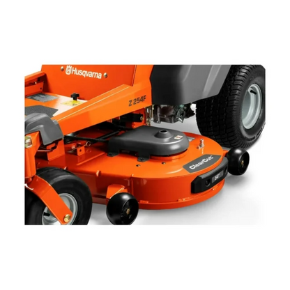 Husqvarna Z254F zero-turn lawn mower with 54-inch cutting deck, 726cc 24HP V-twin engine, shown in a grassy yard.