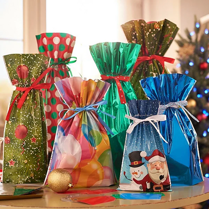 Belro drawstring Christmas gift bags for men, set of 15, featuring festive holiday designs and durable fabric for gift packaging.