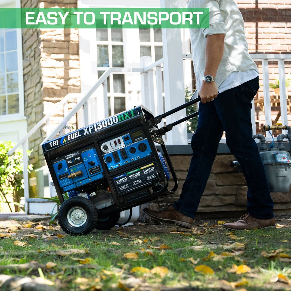 DuroMax XP13000HXT tri-fuel generator with remote start, gasoline, propane, natural gas, and CO alert features, machine in a workshop setting.
